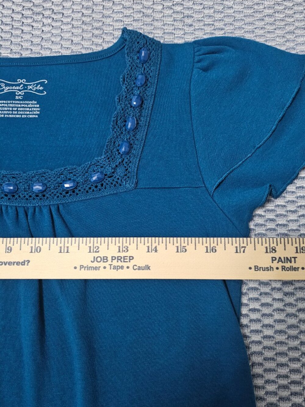 Crystal Kobe Blue Square Neck Lace Beaded Flutter Sleeve Knit Top - Size Small - Picture 6 of 7